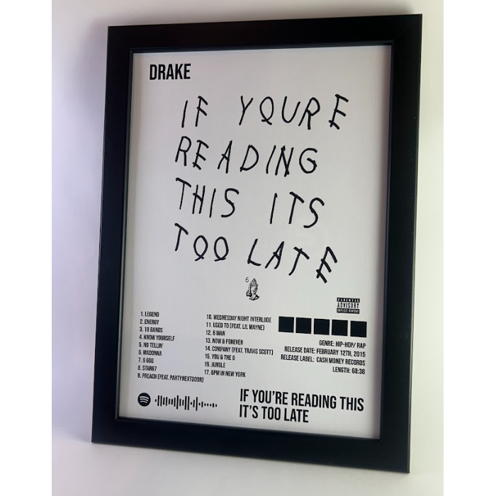 Álbum enmarcado de Drake tamaño A4 del álbum "If You’re Reading This It’s Too Late"