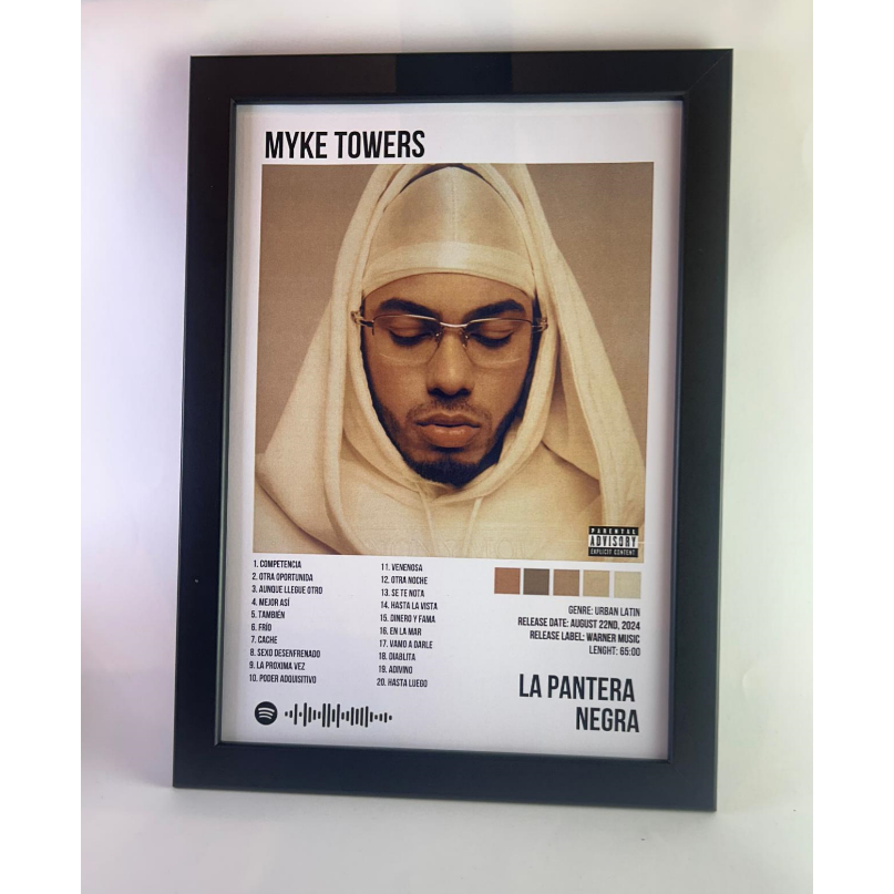 Álbum enmarcado de Myke Towers tamaño A4 del álbum "La Pantera Negra"