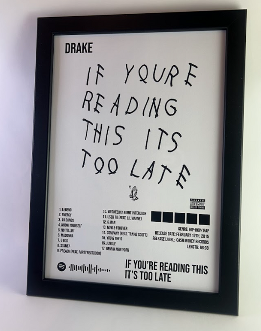 Álbum enmarcado de Drake tamaño A4 del álbum "If You’re Reading This It’s Too Late"