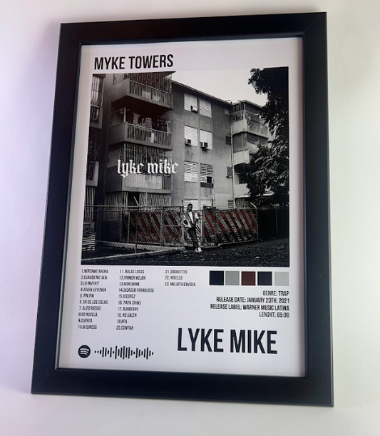 Álbum enmarcado de Myke Towers tamaño A3 o A4 del álbum "Lyke Mike"