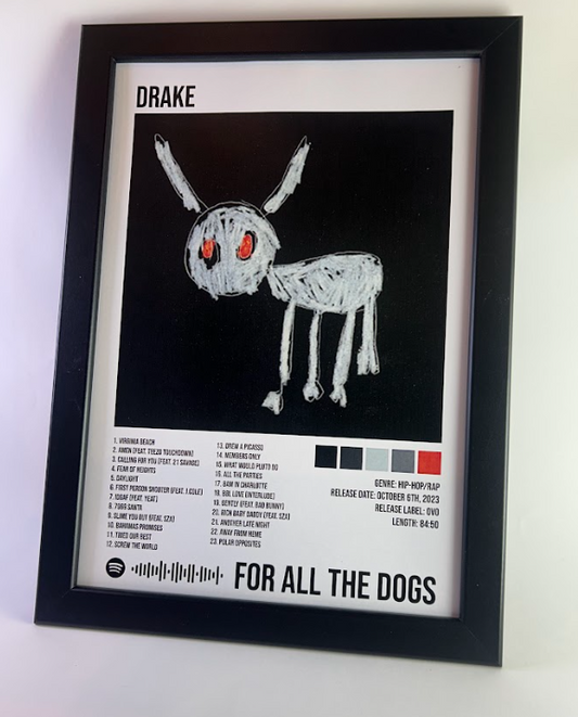 Álbum enmarcado de Drake tamaño A4 del álbum "For All the Dogs"