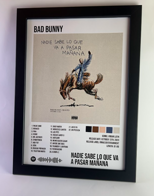 Álbum enmarcado de Bad Bunny tamaño A3 o A4 del álbum "Nadie Sabe Lo Que Va a Pasar Mañana"