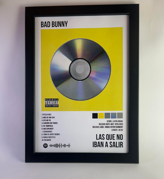 Álbum enmarcado de Bad Bunny tamaño A3 o A4 del álbum "Las Que No Iban a Salir"