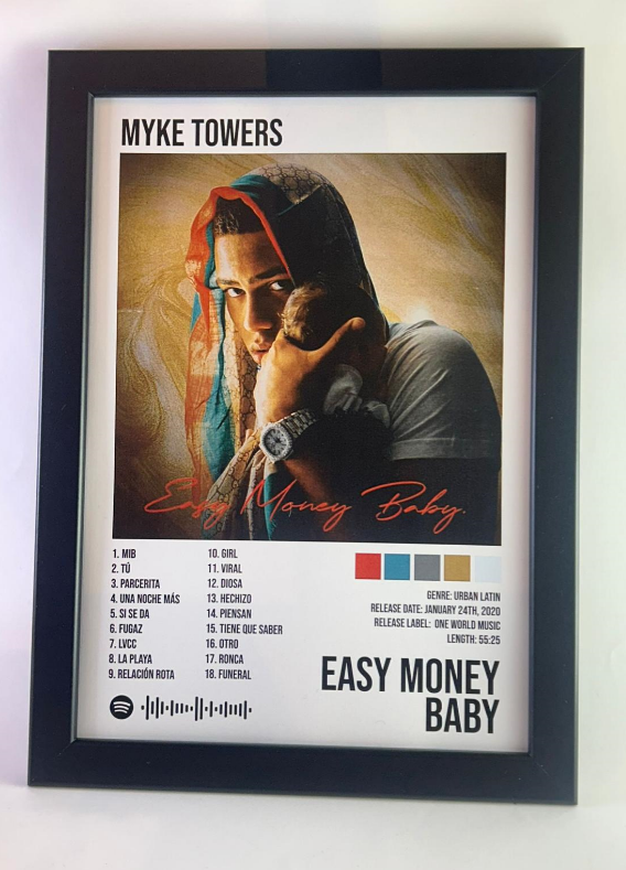 Álbum enmarcado de Myke Towers tamaño A3 o A4 del álbum "Easy Money Baby"