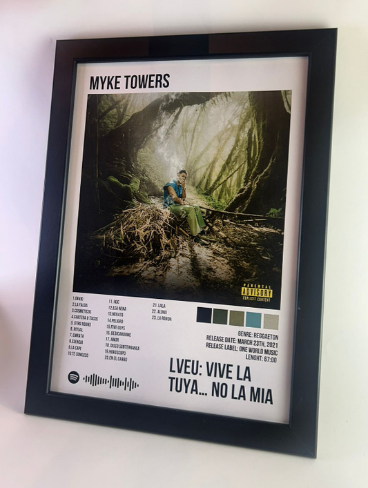 Álbum enmarcado de Myke Towers tamaño A3 o A4 del álbum "LVEU: VIVE LA TUYA...NO LA MIA"